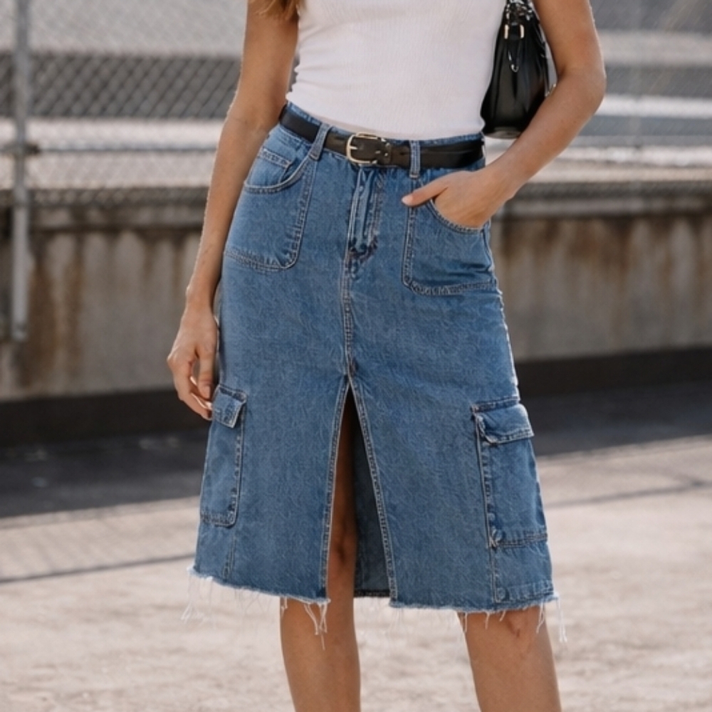 H&M Denim Knee-length Y2K Nostalgia Utility Cargo Skirt Front Slit Blue Size 10